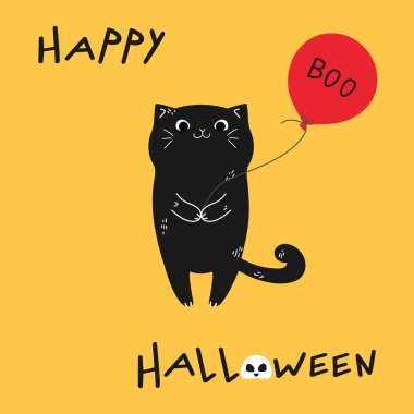 Balonla süslü şirin bir el çizilmiş siyah kedi. Mutlu Cadılar Bayramı tebrik kartları. Vektör illüstrasyonu