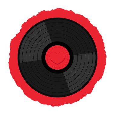 Kırmızıya boyanmış bir kalple dekore edilmiş vinil plak diski. Düz dizaynlı müzik aşığının amblemi. Vektör illüstrasyonu
