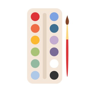 Boya fırçasıyla birlikte kutudaki parlak boyalar. Resim aletleri, sanat malzemeleri. Vektör illüstrasyonu