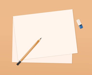 Masaya boya malzemesi. Kalem, silgi ve kağıt çarşaf. Çizim aletleri. Vektör illüstrasyonu