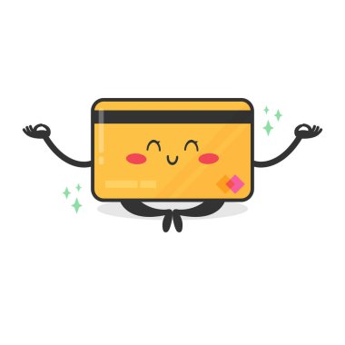 Lotus pozisyonunda sevimli bir kredi kartı karakteri. Plastik kart emoji karakteri yoga yapıyor. Vektör illüstrasyonu