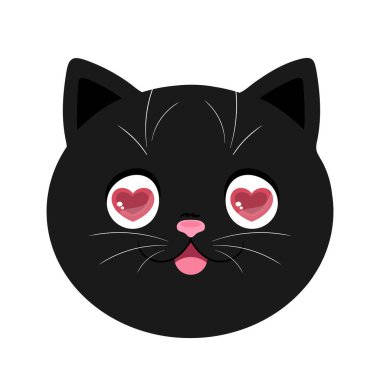 Karikatür karakteri, kalp şeklinde gözleri olan kara kedi suratı. Aşık kedi. Vektör illüstrasyonu
