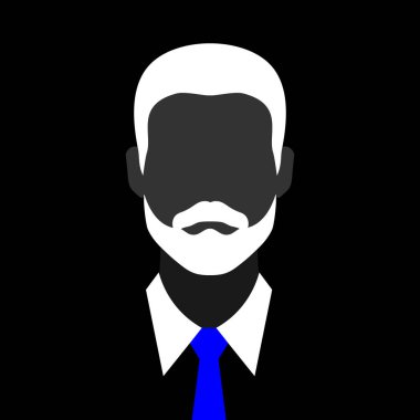 Sakallı, bıyıklı, siluetli, soyut yüzsüz bir adam. Koyu erkek silueti avatar amblemi. Vektör illüstrasyonu