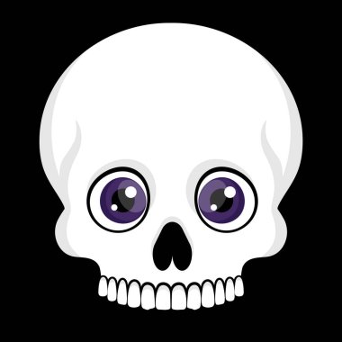 Alt çenesi ve çizgi film gibi gözleri olmayan bir insan kafatası. Güzel kafatası simgesi amblemi. Vektör illüstrasyonu