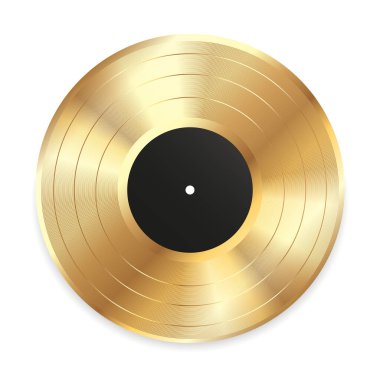 Gerçekçi altın plak plağı. Retro gramofon kayıt simgesi beyaz arkaplanda izole edildi. Vektör illüstrasyonu