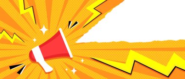 Pop sanat tarzında hoparlörlü parlak bir afiş. Zikzak, noktalar, ışınlar ve yırtık kağıtlarla dekore edilmiş arkaplan. 