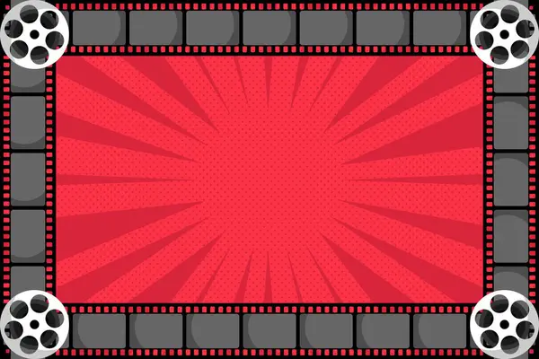 Film şeridi ve film makarasıyla dekore edilmiş Red Pop Sanat Sineması. Vektör illüstrasyonu