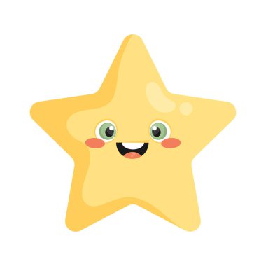 Sevimli gülümseyen çizgi film yıldızı karakteri. Beyaz arka planda izole edilmiş çocuksu tarzda yıldız maskotu. Vektör illüstrasyonu