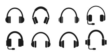 Kulaklık ikonu ayarlandı. Kulaklık ve kulaklık koleksiyonu. Vektör illüstrasyonu