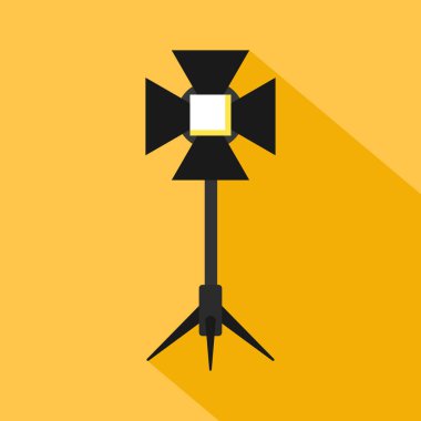 Sahne ışıkları, sarı arka planda yıldırım ikonu. Film yapım ekipmanı ikonu. Sinema sembolü. Vektör illüstrasyonu