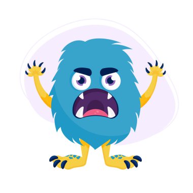 Sevimli karikatür, kızgın canavar. Beyaz arka planda izole edilmiş çocuksu tarzda komik mavi tüylü bir yaratık. Vektör illüstrasyonu