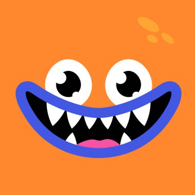 Sevimli çizgi film canavarının yüzü. Turuncu arka planda çocukça gülümseyen canavar suratı. Vektör illüstrasyonu