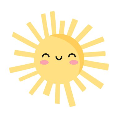 Güzel gülümseyen çizgi film güneşi. Beyaz arka planda izole edilmiş çocuksu bir güneş. Vektör illüstrasyonu