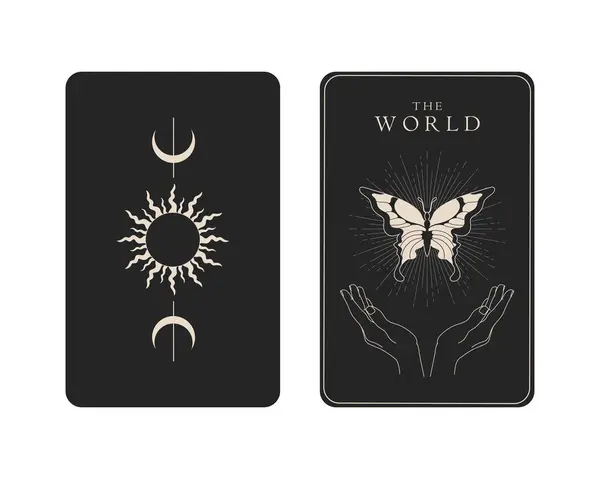 Tarot kartının ters tarafı var. Dünya Binbaşı Arcana sembolü. Tarot sembolizmi. Gizem, astroloji, ezoterik. Vektör illüstrasyonu
