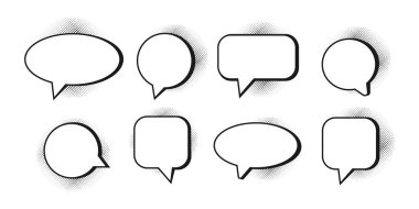 Boş konuşma baloncukları siyah yarım ton gölgesiyle süslenmiş. Çeşitli şekillerde. Vektör illüstrasyonu