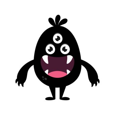 Sevimli çizgi film canavarı. Koca ağızlı ve sivri dişli, çocuksu bir siyah yaratık. Vektör illüstrasyonu