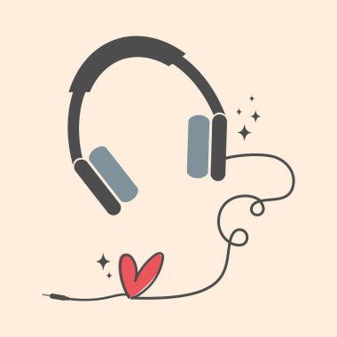 Kulaklık ve kalp şeklinde kablo. Müziği retro renklerle simgelemeyi seviyorum. Vektör illüstrasyonu