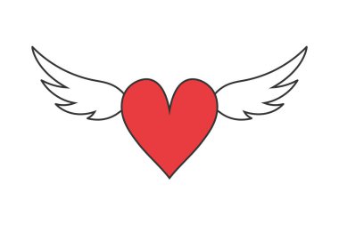 Beyaz arka planda beyaz kanatlı kırmızı kalp simgesi var. Melek kalp. Vektör illüstrasyonu