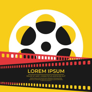 Film makarası ve film şeridiyle ilk gösterim şablonu tasarımı. Metinli parlak film afişi eski tarz arka plan. Vektör illüstrasyonu