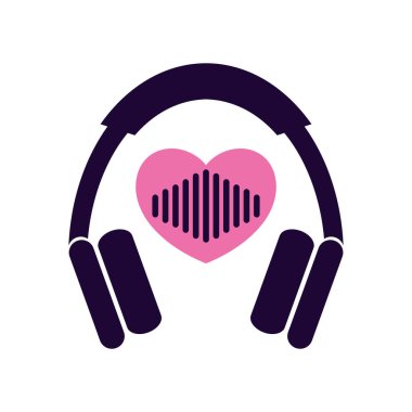 Kulaklık ve kalp ve ses dalgaları. Aşk müzik ikonu beyaz arkaplanda izole edilmiş. Vektör illüstrasyonu