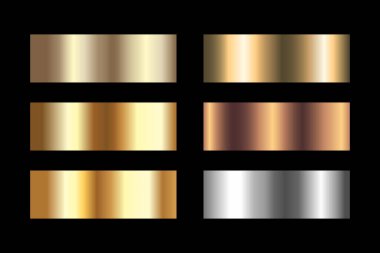 Metalik renk gradyanı seti. Altın, bronz ve gümüş rengi. Vektör illüstrasyonu