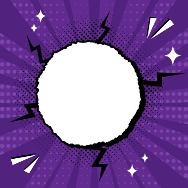 Fotokopi alanı olan yırtık kağıt çemberli parlak bir çizgi roman kapağı. Retro tarzı dinamik arkaplan. Vektör illüstrasyonu