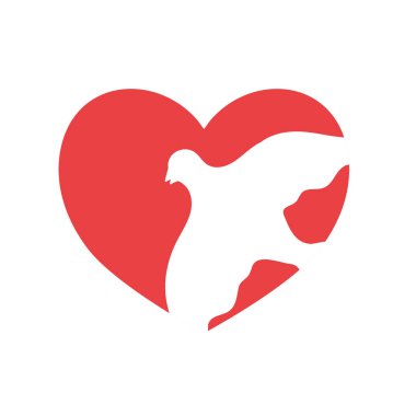 Beyaz güvercin siluetiyle kırmızı kalp. Vektör illüstrasyonu