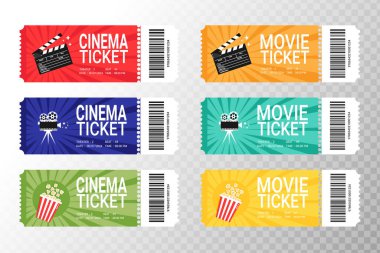 Modern sinema ya da sinema biletleri dizayn seti. Barkodlu ön manzara. Sinema bileti şablonu. Vektör illüstrasyonu