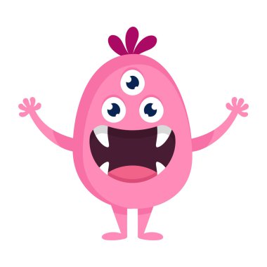 Üç gözlü sevimli çizgi film canavarı. Koca ağızlı ve sivri dişli, çocuksu pembe bir yaratık. Vektör illüstrasyonu