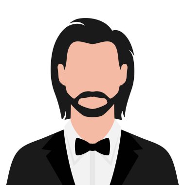 Uzun saçlı, smokin ve papyonlu, soyut, sakalsız bir adam. Vektör illüstrasyonu