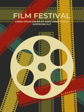 Renkli film şeritli film festivali poster tasarımı. Sinema filmi konsepti. Vektör illüstrasyonu