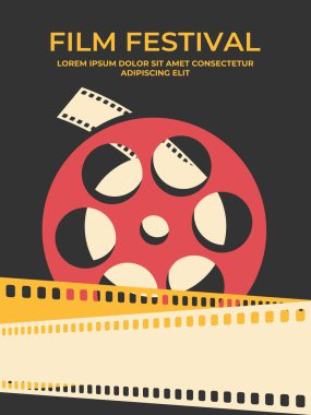 Film festivali poster tasarımı, film makarası ve çapraz film şeritleri. Eski moda bir film posteri. Vektör illüstrasyonu