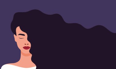 Uzun saçlı güzel esmer kadın. Dalgalı saçlı güzel afişi olan bir kadın. Güzellik salonu, kuaför salonu, Kadınlar Günü için. Vektör illüstrasyonu