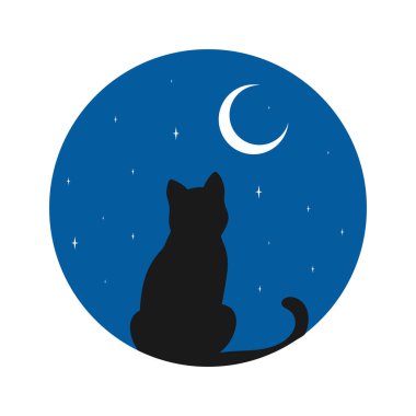 Kara kedi hilal üzerinde izliyor. Kedi siluetiyle yuvarlak amblem ve gece gökyüzünde hilal ile birlikte arkaplan. Vektör illüstrasyonu
