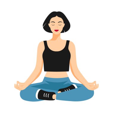 Nilüfer çiçekli poz veren sıradan giyinmiş bir kadın. Meditasyon yapan kız beyaz arka planda izole edilmiş. Yoga yapan bir kız. Vektör illüstrasyonu