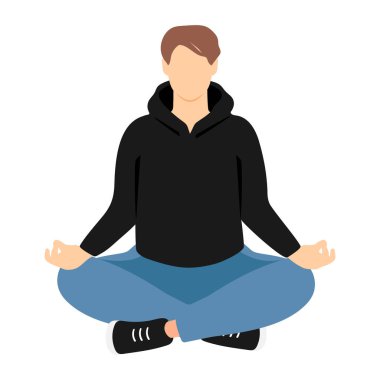 Nilüfer çiçekli poz veren sıradan giyinmiş yüzsüz bir adam. Soyut meditasyon yapan erkek. Yoga yapan çocuk. Vektör illüstrasyonu