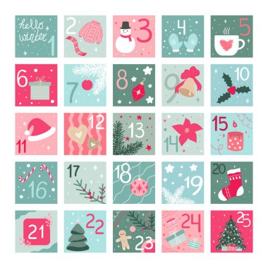 25 günlük Noel Advent takvimi. Noel süsleri. Vektör illüstrasyonu