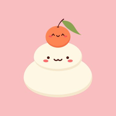 Cute kawaii kagami mochi dessert. Traditional Japanese New year food. Vector illustration clipart