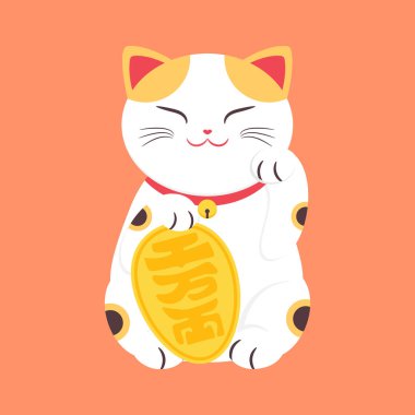 Japon Maneki neko düz çizgi film çizimi. Sol pençesi kalkık şanslı kedi. Zenginliğin ve şansın sembolü. Para kedisi