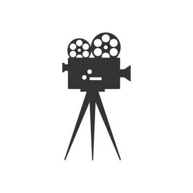 Retro film kamera ikonu silueti beyaz arkaplanda izole edildi. Film konsepti. Vektör illüstrasyonu