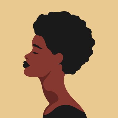 Gözleri kapalı güzel bir Afrikalı kadın. Kısa kıvırcık saçlı, soyut profil avatarı olan genç bir kadın. Vektör illüstrasyonu