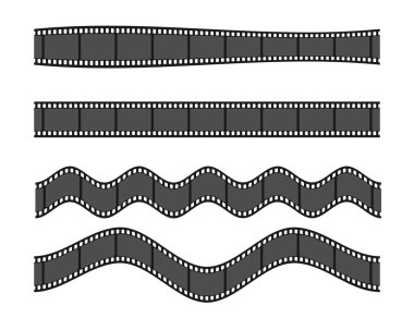 Film şeritleri. Beyaz arka planda izole edilmiş kıvrımlı ve dalgalı film kasetleri. Vektör illüstrasyonu