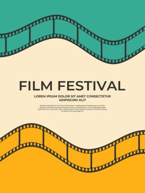 Renkli dalgalı film şeritleriyle süslenmiş film festivali posteri. Sinema filmi poster tasarımı eski moda. Vektör illüstrasyonu