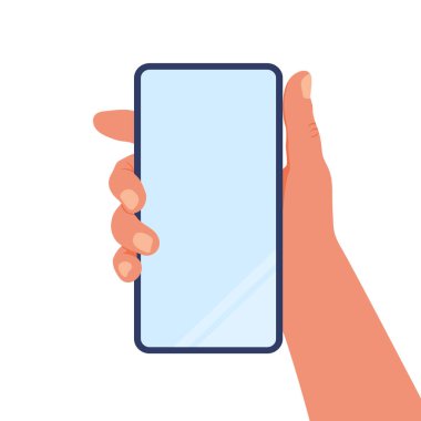 Akıllı telefonu tutan bir el. Elimde telefon var. Vektör illüstrasyonu beyaz arkaplanda izole edildi