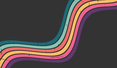 Retro grunge harika gökkuşağı arka planı. Karanlık arka planda dalgalı çizgi hippi tarzı. Vektör illüstrasyonu