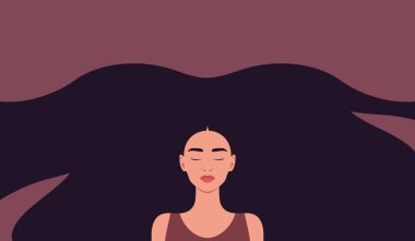 Uzun dalgalı saçlı güzel bir Asyalı kadın. Uzun siyah saçlı bir kadın. Güzellik salonu, kuaför salonu, Kadınlar Günü