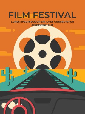 Film festivali vektör retro poster tasarımı bir arabanın içinden bir film şeridi ve makarası olan ıssız bir yola kadar. Eski moda bir yol filmi posteri.