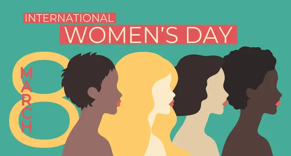 Uluslararası Kadınlar Günü pankartı. Farklı milletlerden kadın profilleri var. Vektör illüstrasyonu