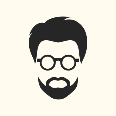 Gözlüklü sakallı adam. Saç kesimi, gözlük ve sakal. Gözlüklü bir erkeğin soyutlanmış minimalist portresi. Vektör illüstrasyonu