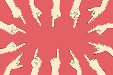 Arka planda işaret parmakları olan eller ve metin için boş alan. İnsan eli bir şeyi işaret ediyor. Vektör